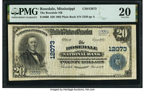 image for: Rosedale, MS - $20 1902 Plain Back Fr. 660 The Rosedale National Bank Ch. # 12073 PMG Very Fine 20....