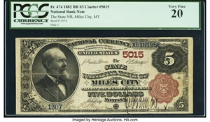 image for: Miles City, MT - $5 1882 Brown Back Fr. 474 The State National Bank Ch. # 5015 PCGS Very Fine 20....