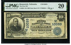 image for: Brunswick, NE - $10 1902 Date Back Fr. 620 The First National Bank Ch. # (W)10033 PMG Very Fine 20....