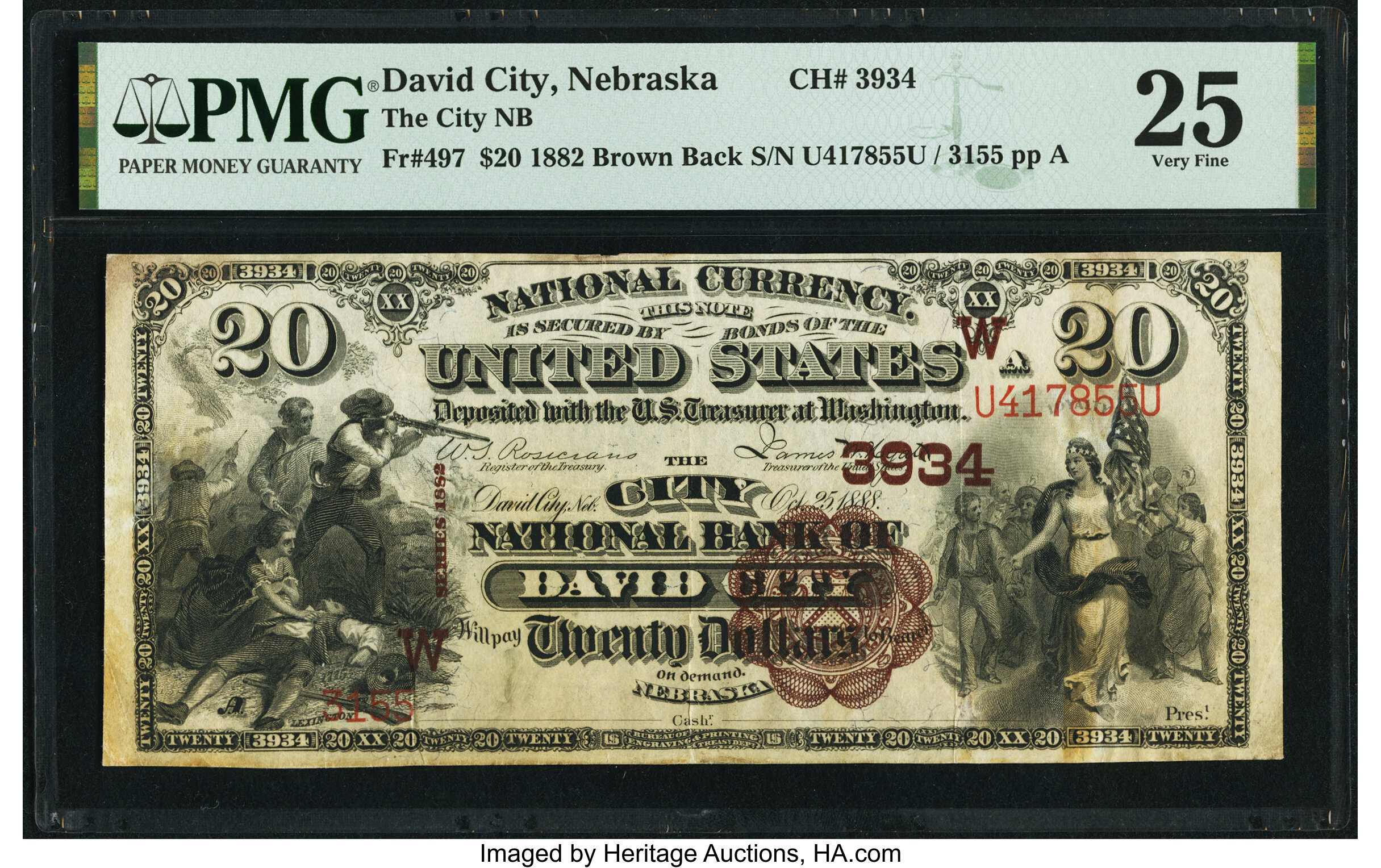 image for: David City, NE - $20 1882 Brown Back Fr. 497 The City National Bank Ch. # (W)3934 PMG Very Fine 25....