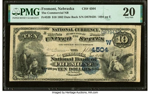 image for: Fremont, NE - $10 1882 Date Back Fr. 539 The Commercial National Bank Ch. # (W)4504 PMG Very Fine 20....