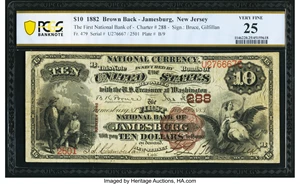 image for: Jamesburg, NJ - $10 1882 Brown Back Fr. 479 The First National Bank Ch. # 288 PCGS Banknote Very Fine 25....