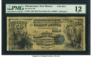 image for: Albuquerque, NM - $50 1882 Date Back Fr. 565 The First National Bank Ch. # (N)2614 PMG Fine 12....