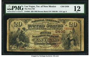 image for: Las Vegas, NMT - $20 1882 Brown Back Fr. 504 The First National Bank Ch. # 2436 PMG Fine 12....