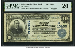 image for: Jeffersonville, NY - $10 1902 Plain Back Fr. 630 The First National Bank Ch. # (E)10456 PMG Very Fine 20....