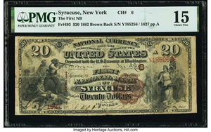 image for: Syracuse, NY - $20 1882 Brown Back Fr. 493 The First National Bank Ch. # 6 PMG Choice Fine 15....
