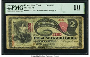 image for: Utica, NY - $2 1875 Fr. 392 The First National Bank Ch. # 1395 PMG Very Good 10....