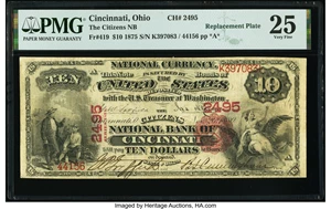 image for: Cincinnati, OH - $10 1875 Fr. 419 The Citizens National Bank Ch. # 2495 PMG Very Fine 25....