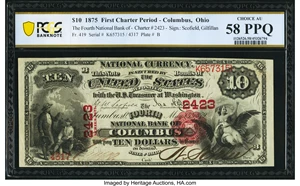 image for: Columbus, OH - $10 1875 Fr. 419 The Fourth National Bank Ch. # 2423 PCGS Banknote Choice AU 58 PPQ....