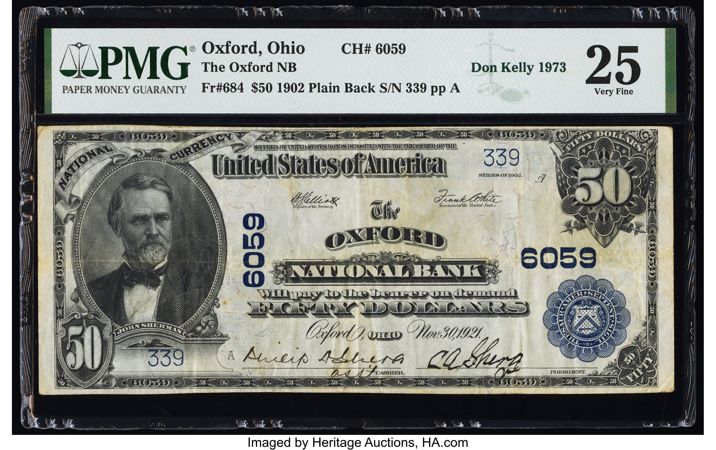 image for: Oxford, OH - $50 1902 Plain Back Fr. 684 The Oxford National Bank Ch. # 6059 PMG Very Fine 25....