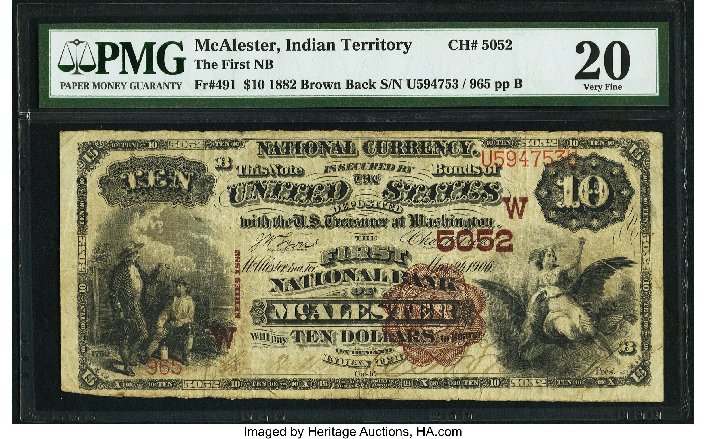 image for: McAlester, IT - $10 1882 Brown Back Fr. 491 The First National Bank Ch. # (W)5052 PMG Very Fine 20....