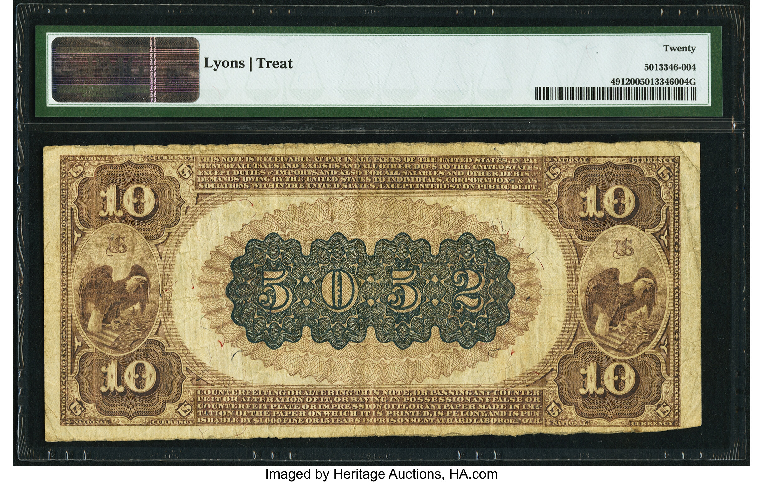 image for: McAlester, IT - $10 1882 Brown Back Fr. 491 The First National Bank Ch. # (W)5052 PMG Very Fine 20....