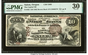 image for: Salem, OR - $10 1882 Brown Back Fr. 482 The Capital National Bank Ch. # 3405 PMG Very Fine 30....