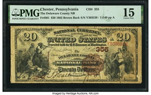 image for: Chester, PA - $20 1882 Brown Back Fr. 501 The Delaware County National Bank Ch. # 355 PMG Choice Fine 15....