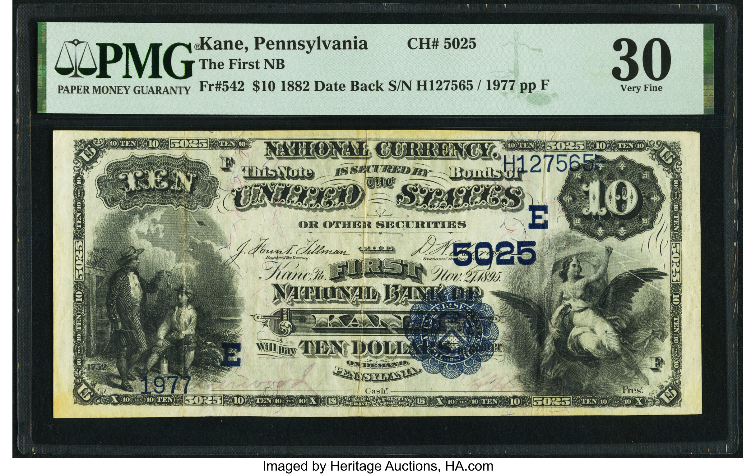 image for: Kane, PA - $10 1882 Date Back Fr. 542 The First National Bank Ch. # (E)5025 PMG Very Fine 30....