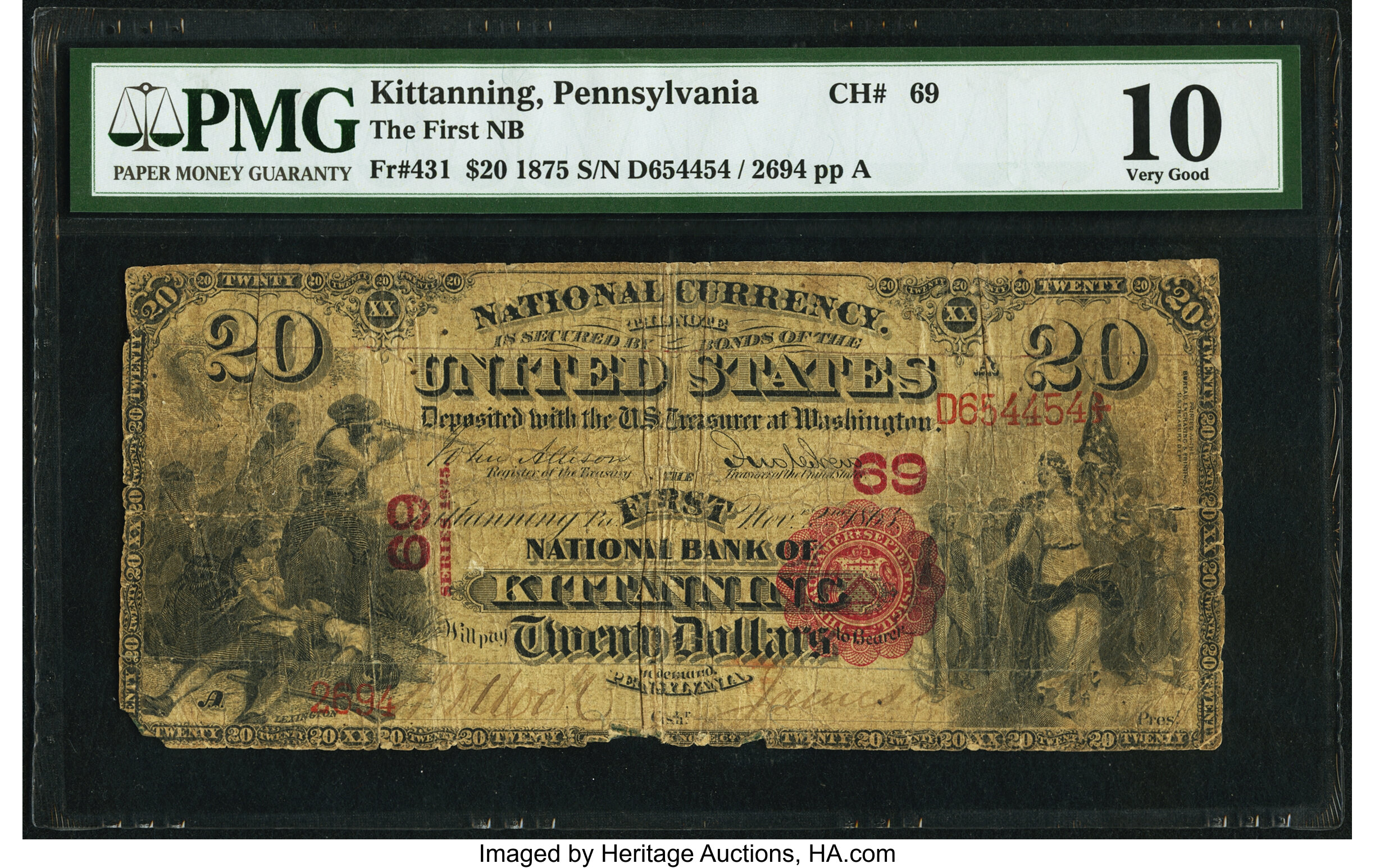 image for: Kittanning, PA - $20 1875 Fr. 431 The First National Bank Ch. # 69 PMG Very Good 10....