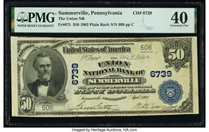 image for: Summerville, PA - $50 1902 Plain Back Fr. 675 The Union National Bank Ch. # 6739 PMG Extremely Fine 40....