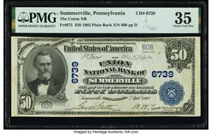 image for: Summerville, PA - $50 1902 Plain Back Fr. 675 The Union National Bank Ch. # 6739 PMG Choice Very Fine 35....