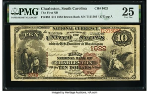 image for: Charleston, SC - $10 1882 Brown Back Fr. 482 The First National Bank Ch. # 1622 PMG Very Fine 25....