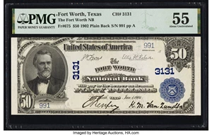 image for: Fort Worth, TX - $50 1902 Plain Back Fr. 675 The Fort Worth National Bank Ch. # 3131 PMG About Uncirculated 55....