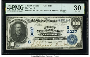image for: Taylor, TX - $100 1902 Date Back Fr. 689 The First National Bank Ch. # (S)3027 PMG Very Fine 30....