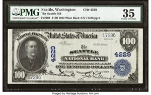 image for: Seattle, WA - $100 1902 Plain Back Fr. 701 The Seattle National Bank Ch. # 4229 PMG Choice Very Fine 35....