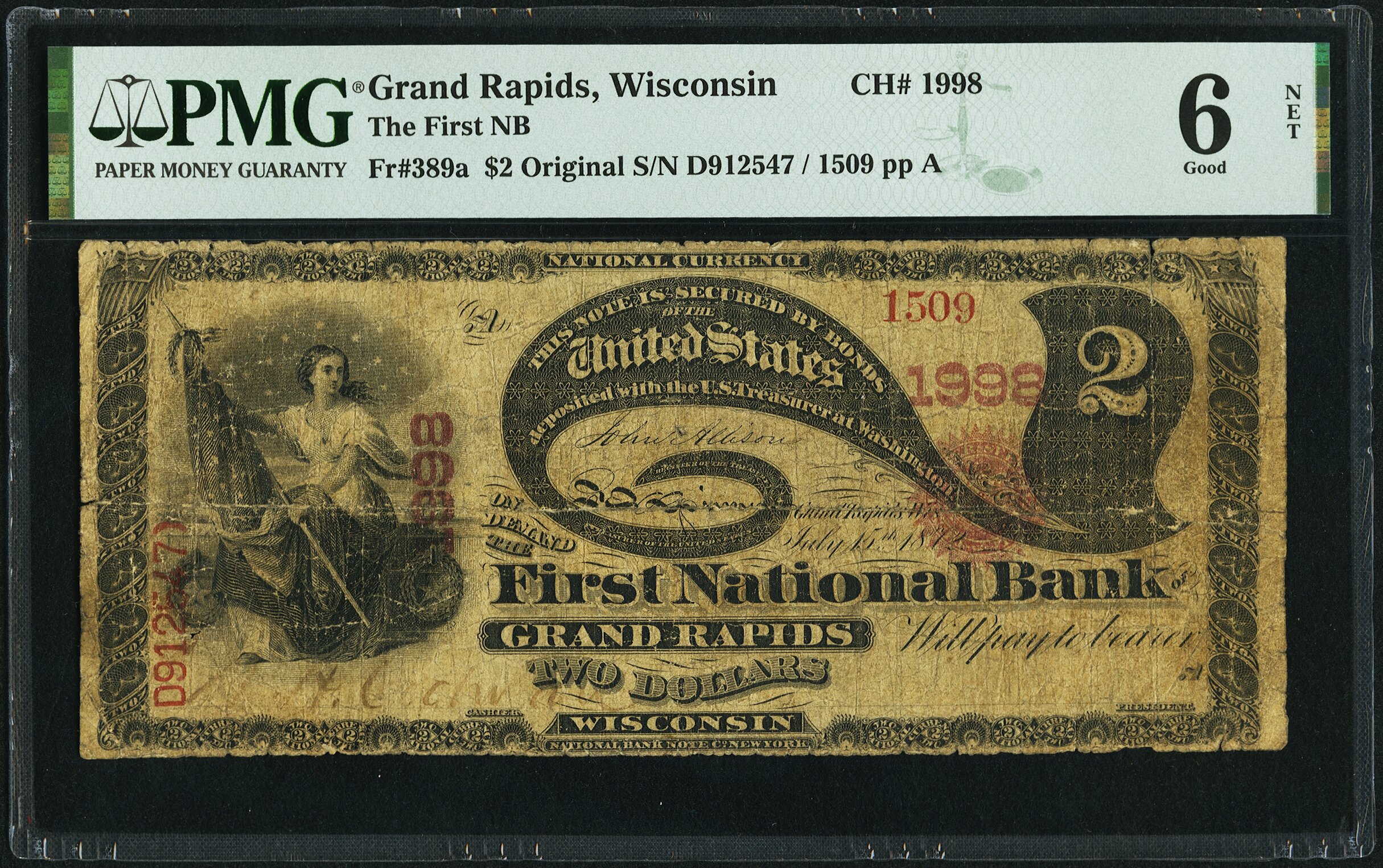 image for: Grand Rapids, WI - $2 Original Fr. 389a The First National Bank Ch. # 1998 PMG Good 6 Net....
