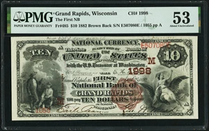 image for: Grand Rapids, WI - $10 1882 Brown Back Fr. 485 The First National Bank Ch. # (M)1998 PMG About Uncirculated 53....