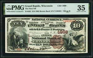 image for: Grand Rapids, WI - $10 1882 Brown Back Fr. 485 The First National Bank Ch. # 1998 PMG Choice Very Fine 35....