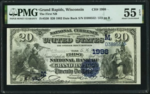 image for: Grand Rapids, WI - $20 1882 Date Back Fr. 550 The First National Bank Ch. # (M)1998 PMG About Uncirculated 55 EPQ....