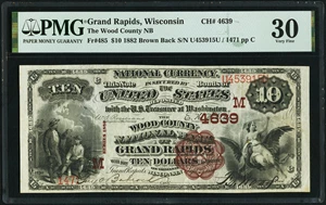 image for: Grand Rapids, WI - $10 1882 Brown Back Fr. 485 The Wood County National Bank Ch. # (M)4639 PMG Very Fine 30....