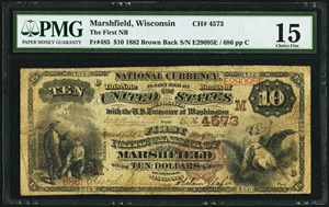 image for: Marshfield, WI - $10 1882 Brown Back Fr. 485 The First National Bank Ch. # (M)4573 PMG Choice Fine 15....