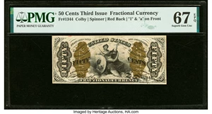image for: Fr. 1344 50¢ Third Issue Justice PMG Superb Gem Unc 67 EPQ....