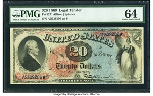 image for: Fr. 127 $20 1869 Legal Tender PMG Choice Uncirculated 64....