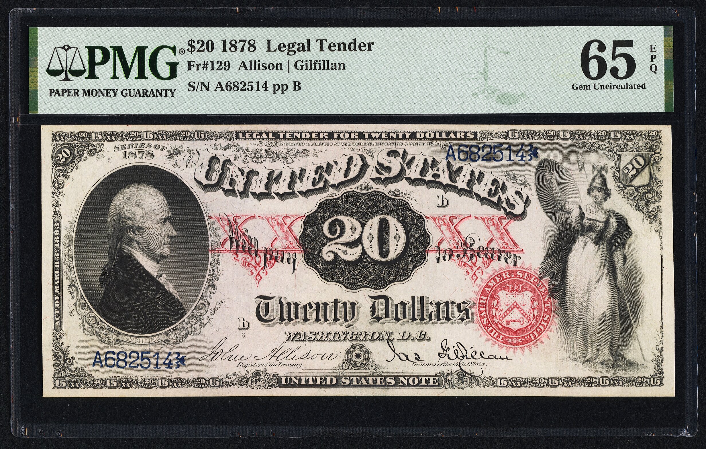 image for: Fr. 129 $20 1878 Legal Tender PMG Gem Uncirculated 65 EPQ....