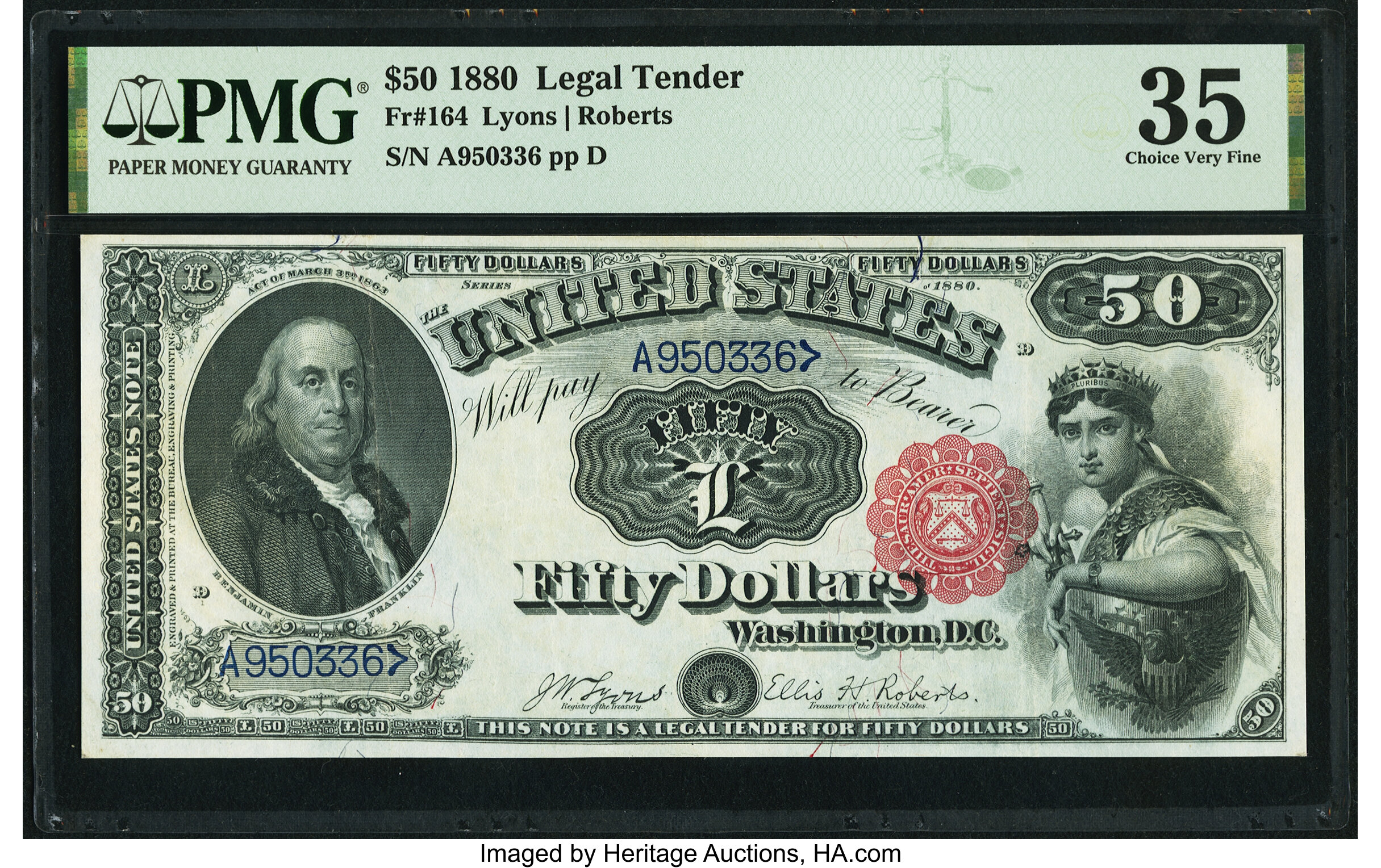 image for: Fr. 164 $50 1880 Legal Tender PMG Choice Very Fine 35....