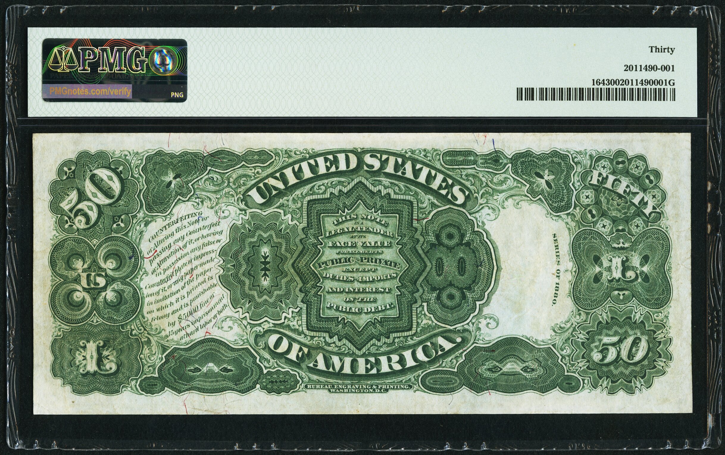 image for: Fr. 164 $50 1880 Legal Tender PMG Very Fine 30....