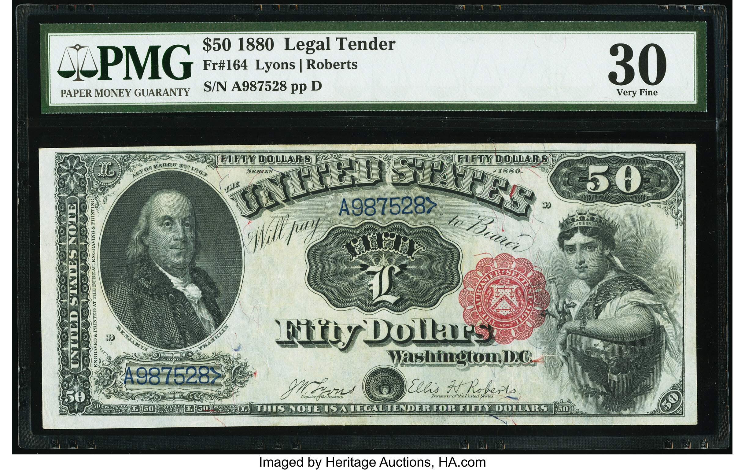 image for: Fr. 164 $50 1880 Legal Tender PMG Very Fine 30....