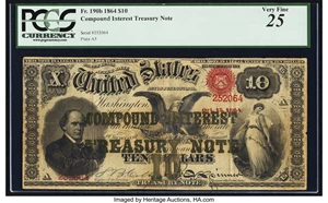 image for: Fr. 190b $10 1864 Compound Interest Treasury Note PCGS Very Fine 25....