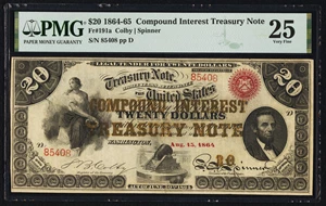 image for: Fr. 191a $20 1864 Compound Interest Treasury Note PMG Very Fine 25....