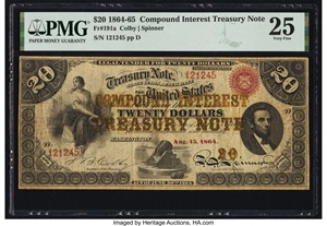 image for: Fr. 191a $20 1864 Compound Interest Treasury Note PMG Very Fine 25....