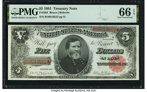 image for: Fr. 364 $5 1891 Treasury Note PMG Gem Uncirculated 66 EPQ....