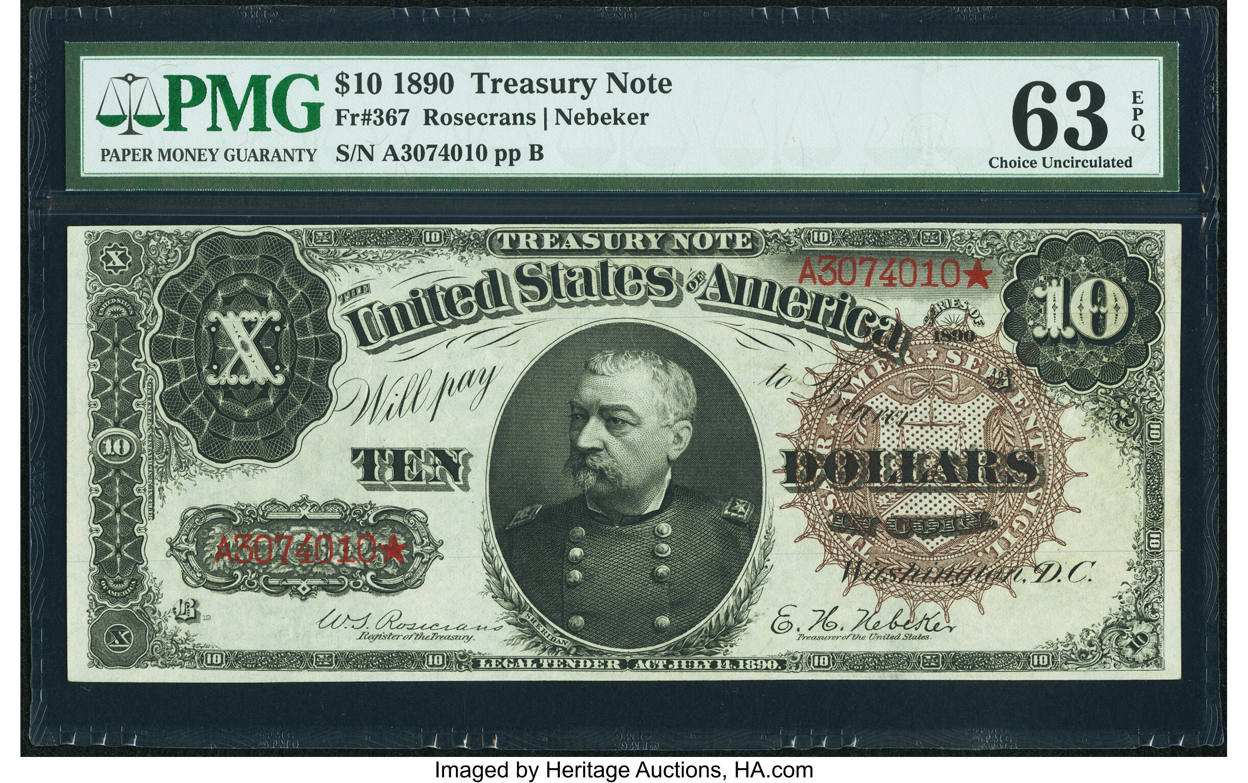 image for: Fr. 367 $10 1890 Treasury Note PMG Choice Uncirculated 63 EPQ....