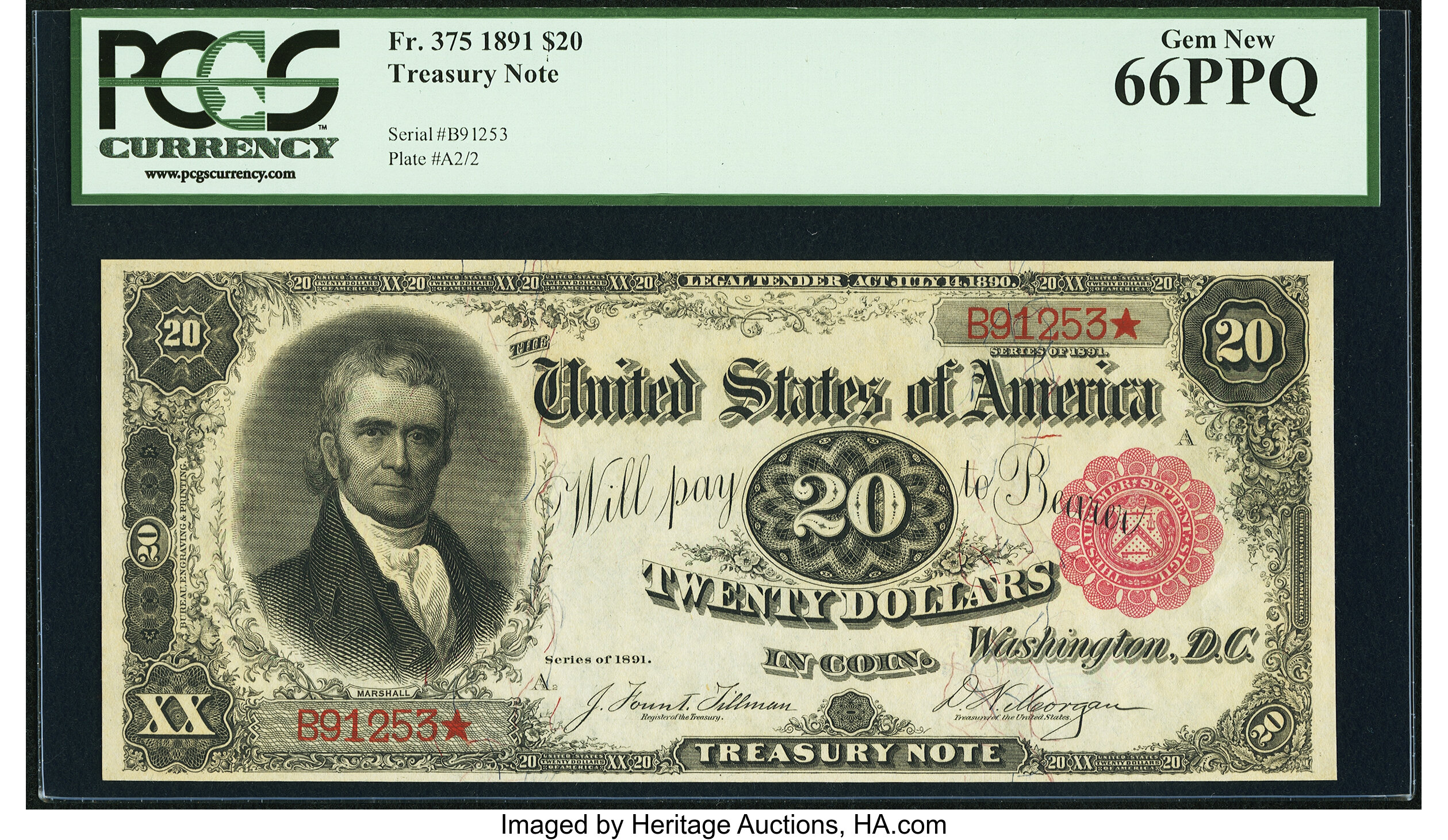 image for: Fr. 375 $20 1891 Treasury Note PCGS Gem New 66PPQ....