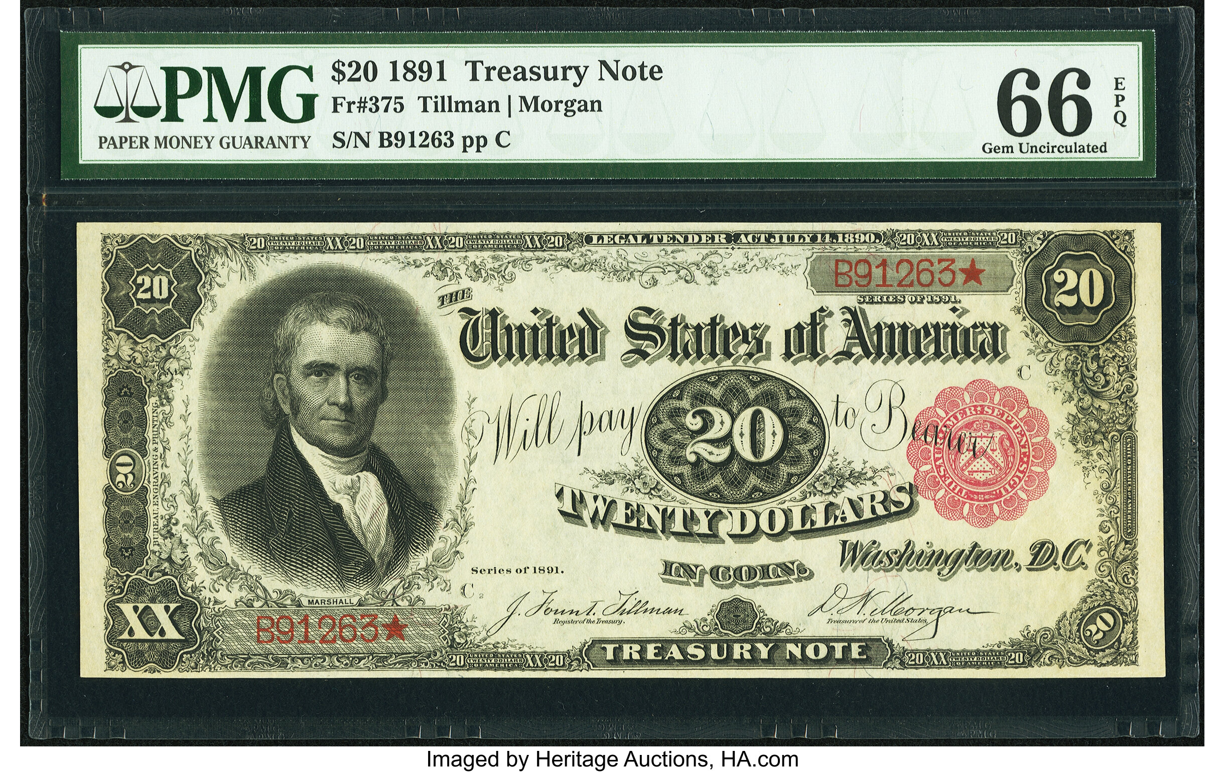 image for: Fr. 375 $20 1891 Treasury Note PMG Gem Uncirculated 66 EPQ....