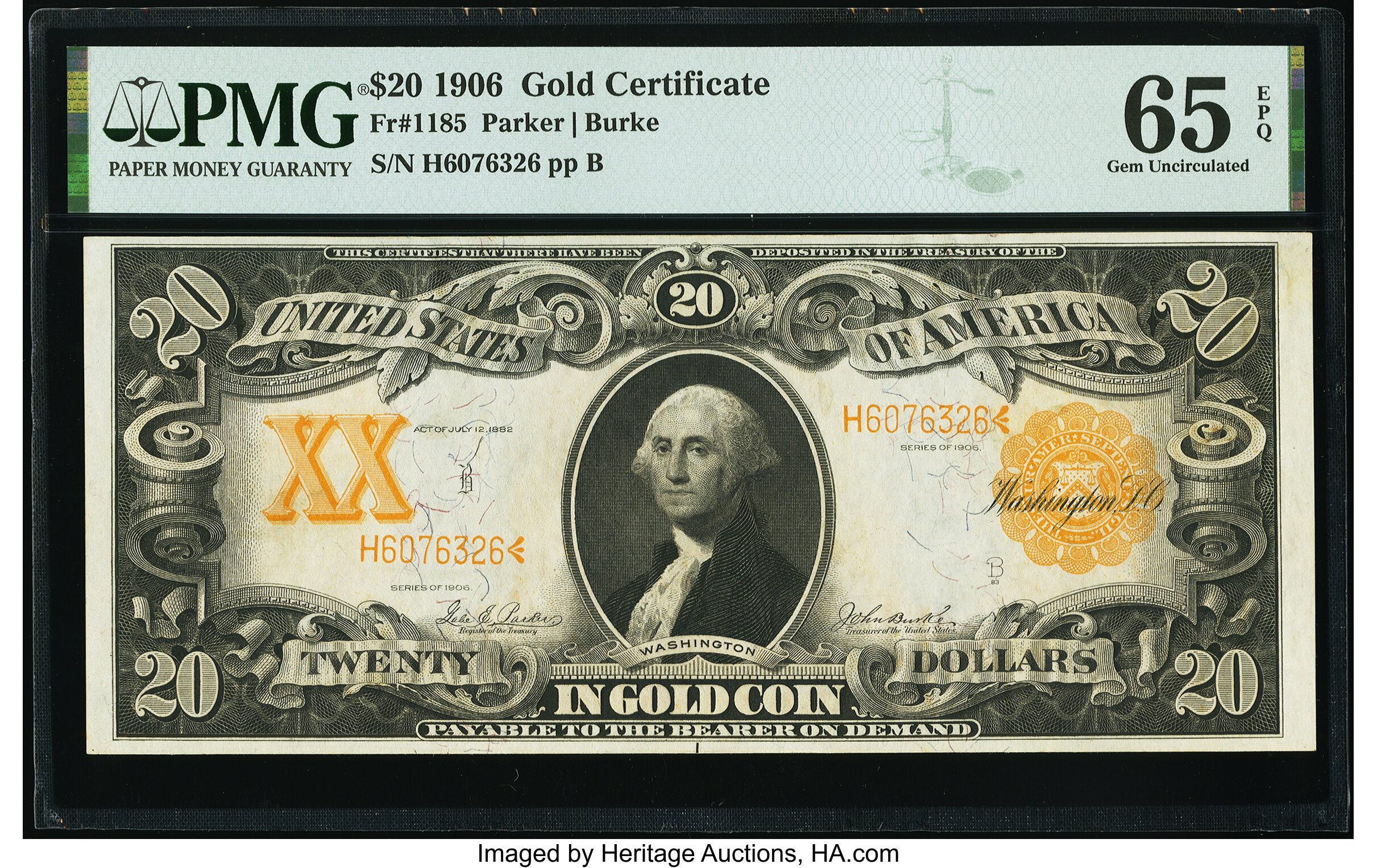image for: Fr. 1185 $20 1906 Gold Certificate PMG Gem Uncirculated 65 EPQ....