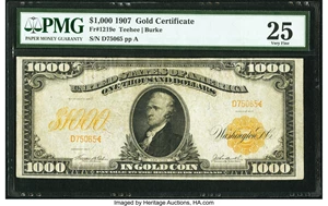 image for: Fr. 1219e $1,000 1907 Gold Certificate PMG Very Fine 25....