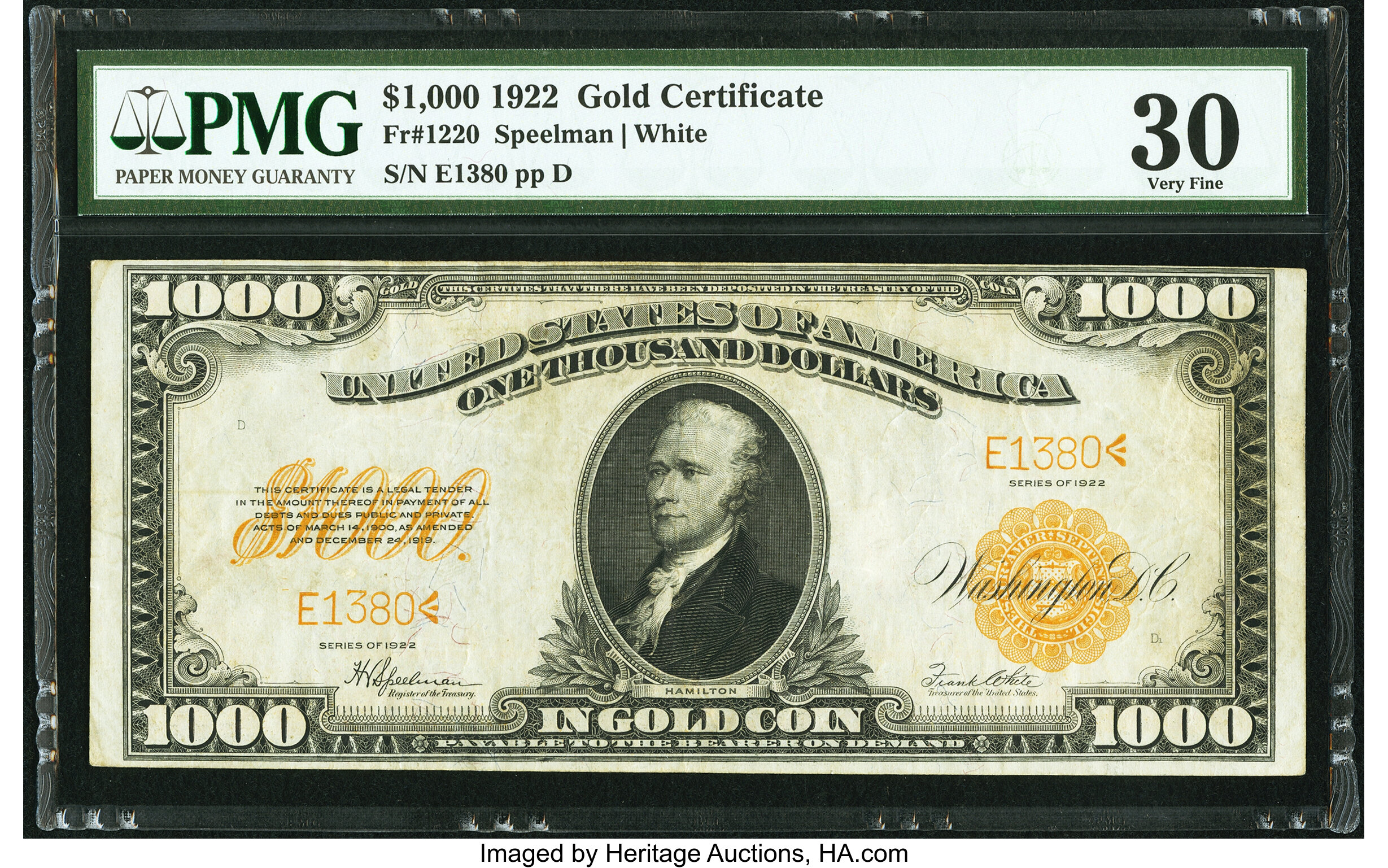 image for: Fr. 1220 $1,000 1922 Gold Certificate PMG Very Fine 30....