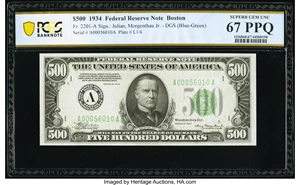 image for: Fr. 2201-A $500 1934 Federal Reserve Note. PCGS Banknote Superb Gem Unc 67 PPQ....