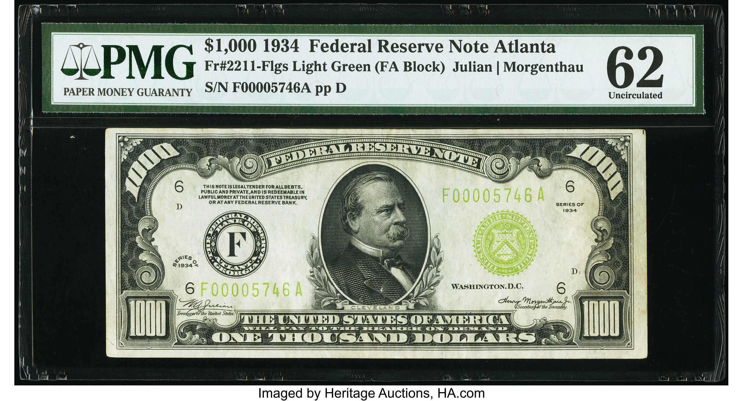 image for: Fr. 2211-F $1,000 1934 Light Green Seal Federal Reserve Note. PMG Uncirculated 62....